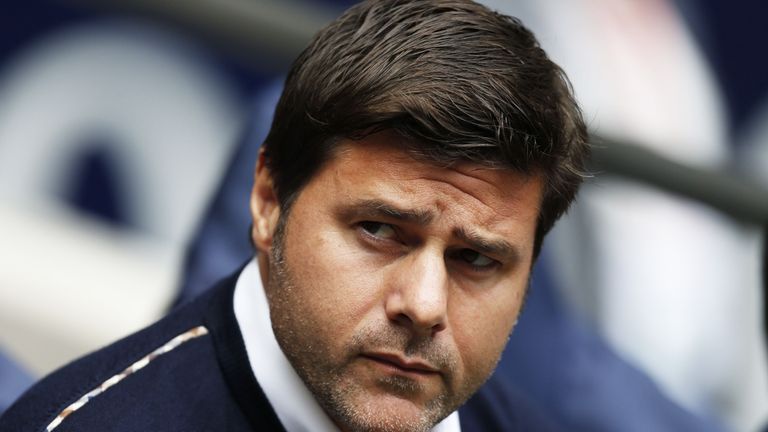 Mauricio Pochettino looks on before the Premier League match between Tottenham and Chelsea at Wembley Stadium
