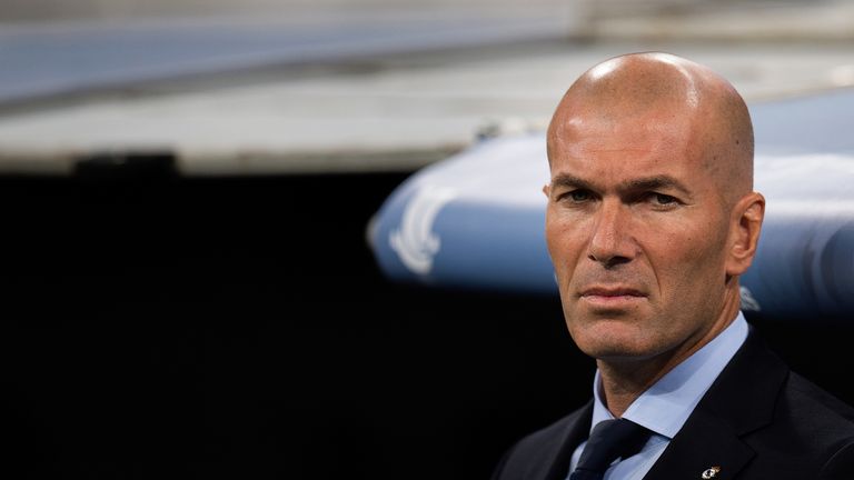 Zinedine Zidane looks on prior to kick off in the Spanish Super Cup, Second Leg