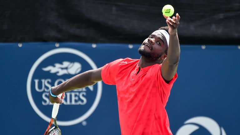 MONTREAL, QC - AUGUST 08:  Frances Tiafoe of the United States serves against Paolo Lorenzi of Italy during day five of the Rogers Cup presented by Nationa