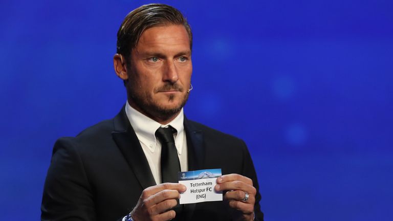Francesco Totti shows the sheet of paper bearing the name of Tottenham Hotspur FC during the UEFA Champions League group stage draw