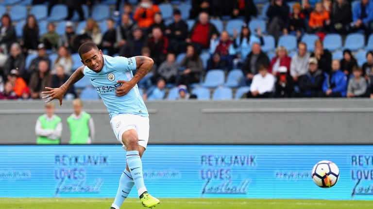 REYKJAVIK, ICELAND - AUGUST 04: Gabriel Jesus of Manchester City scores his sides first goal during a Pre Season Friendly between Manchester City and West 