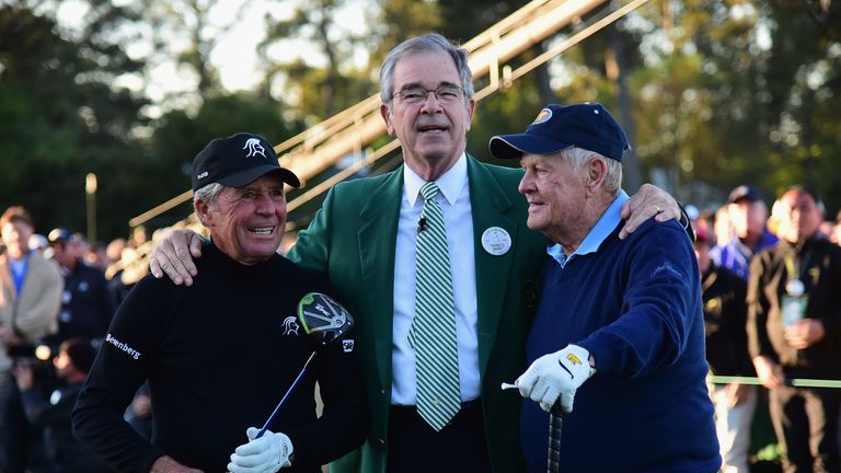 AUGUSTA, GA - APRIL 06:  Honorary starters Jack Nicklaus (R), Gary Player (L) and Chairman of Augusta National Golf Club William Porter 'Billy' Payne take 