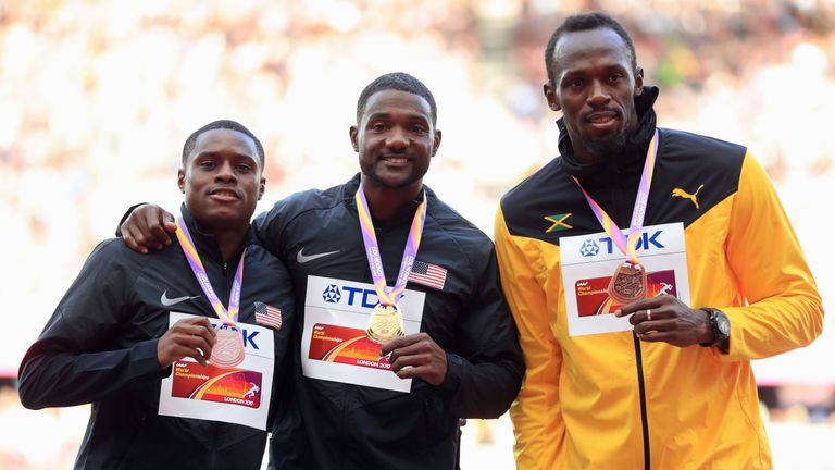 USA's Christian Coleman, (bronze)  USA's Justin Gatlin (gold)  and Jamaica's Usain Bolt (bronze)  with their medals in the Men's 100m during day three of t