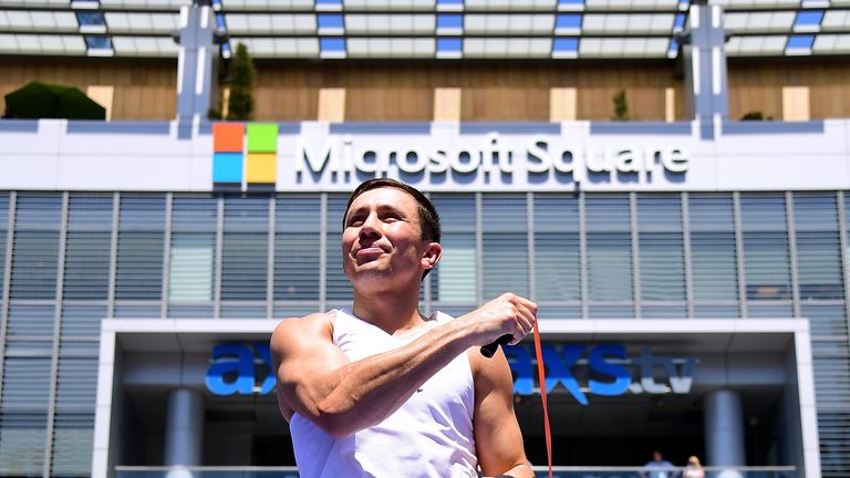 Gennady Golovkin jumps rope during a media workout at L.A. Live's Microsoft Square on August 28, 2017 in Los Angeles, California