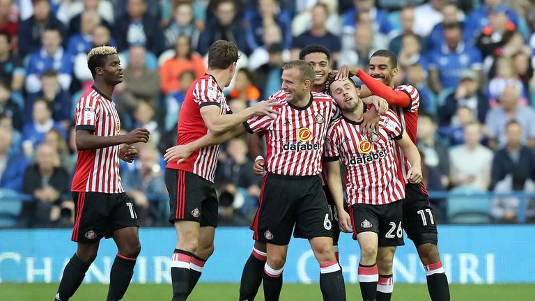Sunderland's George Honeyman (second right) celebrates scoring his side's first goal of the game during the Sky Bet Championship match at Hillsborough, She