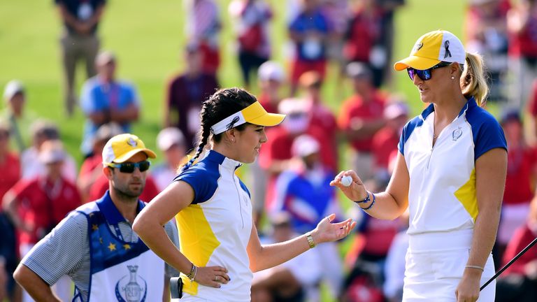 WEST DES MOINES, IA - AUGUST 18:  Anna Nordqvist and Georgia Hall of Team Europe react to a missed putt for birdie on the fourth green during the morning f