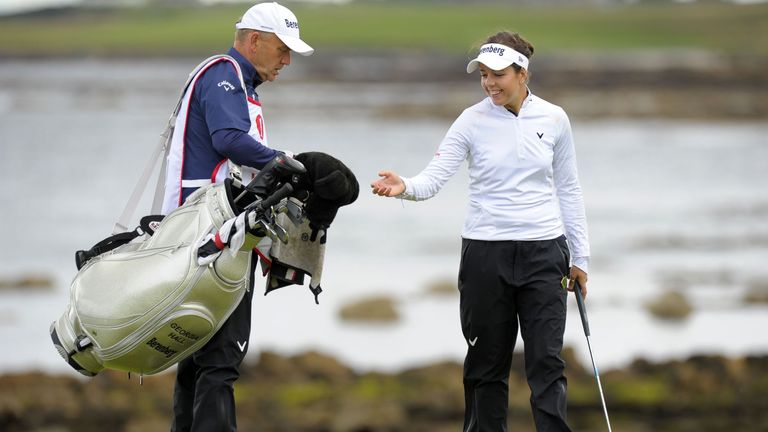 England's Georgia Hall and her caddie talk on the 14th green during her second round on day 2 of the 2017 Women's British Open Golf Championship at Kingsba