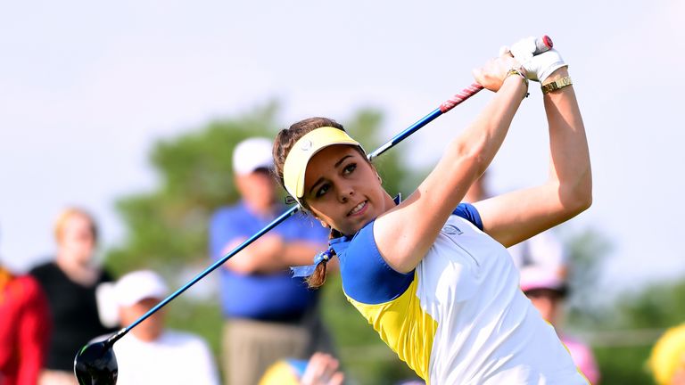 WEST DES MOINES, IA - AUGUST 18:  Georgia Hall of Team Europe hits a tee shot on the fifth hole during the morning foursomes matches of the Solheim Cup at 