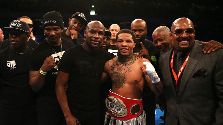 LONDON, ENGLAND - MAY 20:  Gervonta Davis of The United States celebrates with Floyd Mayweather following victory against Liam Walsh of England in the IBF 