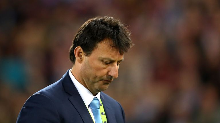 BRISBANE, AUSTRALIA - JULY 12:  Blues coach Laurie Daley looks dejected after game three of the State Of Origin series between the Queensland Maroons and t