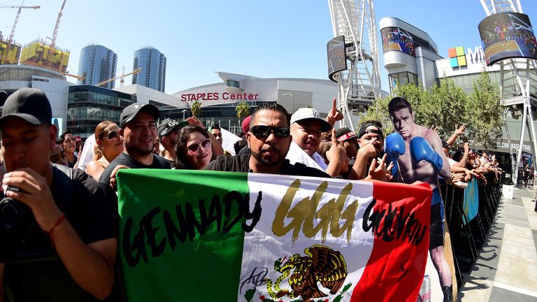 LOS ANGELES, CA - AUGUST 28:  Fans as they wait for Canelo Alvarez and Gennady Golovkin during a media workout at L.A. Live's Microsoft Square on August 28