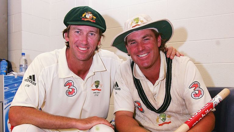 Glenn McGrath (L) and Shane Warne of Australia pose for a photograph after day three of the fourth Ashes Test