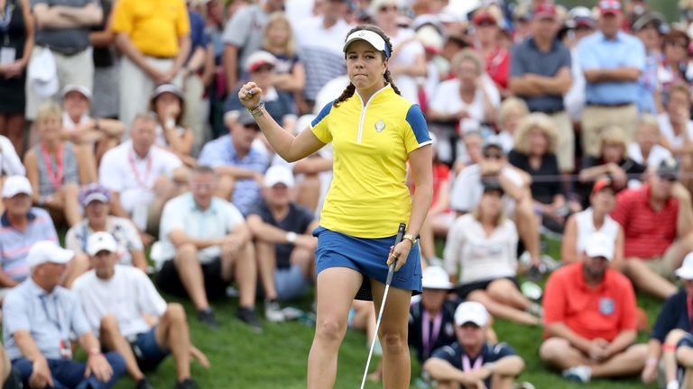 Georgia Hall of England celebrates holing the match winning putt in her match with Anna Nordqvist of Sweden against Stacy Lewis and Gerina Piller 