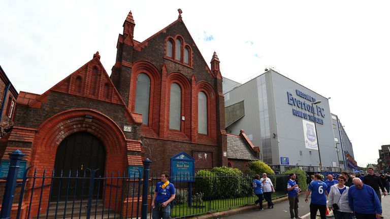 LIVERPOOL, ENGLAND - AUGUST 24:  St Luke's Church is seen between the Gwladys Street End and Goodison Road stands of Goodison Park prior to the Barclays Pr