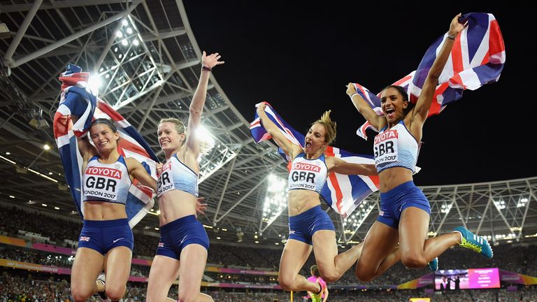 LONDON, ENGLAND - AUGUST 13:  Zoey Clark, Laviai Nielsen, Eilidh Doyle and Emily Diamond of Great Britain celebrate winning silver in the Women's 4x400 Met