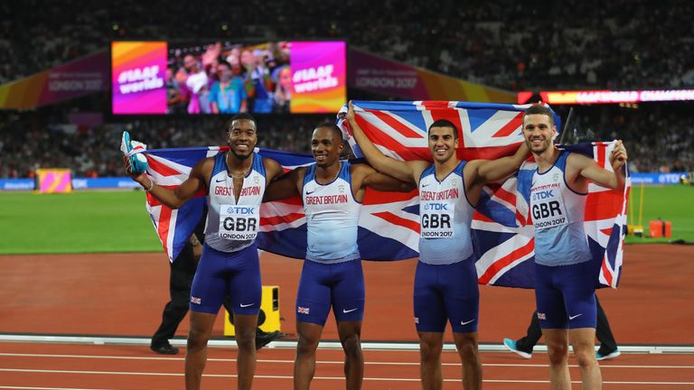 Chijindu Ujah, Adam Gemili, Daniel Talbot and Nethaneel Mitchell-Blake celebrate relay gold