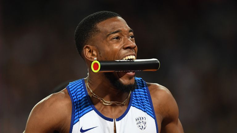 Nethaneel Mitchell-Blake celebrates after Great Britain claimed gold in the 4x100m relay