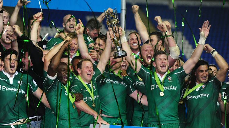 READING, UNITED KINGDOM - MAY 24: The London Irish side celebrate with the trophy during the Greene King IPA Championship Final Second Leg match between Lo