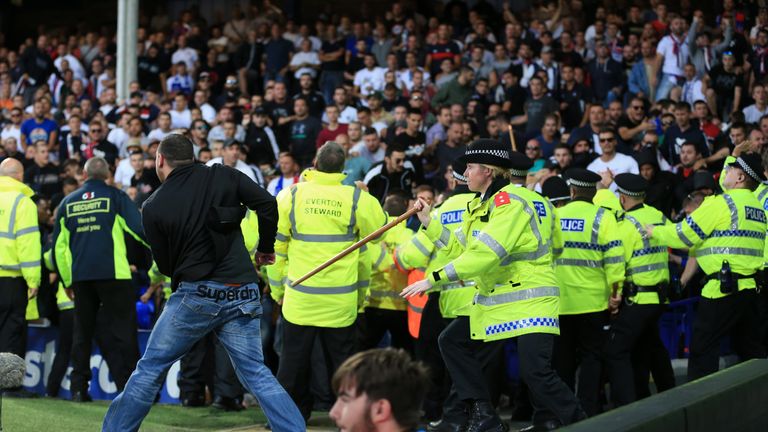 Security were needed to close around Hajduk Split supporters as they entered the Goodison Park pitch