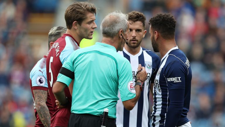 Hal Robson-Kanu is sent off by referee Martin Atkinson during West Brom's win at Burnley