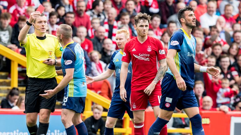 Hamilton's Xavier Tomas receives a red card from referee Euan Anderson