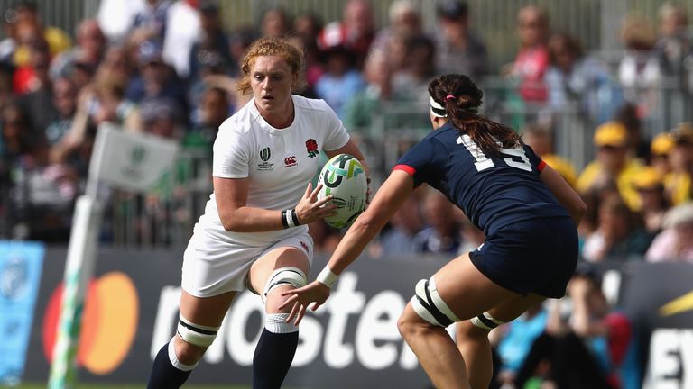 DUBLIN, IRELAND - AUGUST 17:  Harriet Millar-Mills of England takes on Abby Gustaitis of USA during the Women's Rugby World Cup Pool B match between Englan