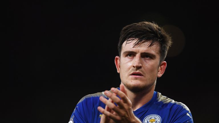 A dejected Harry Maguire of Leicester City applauds the travelling fans following their team's 4-3 defeat during the Premier League