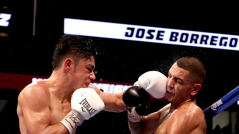 Jose Borrego connects to the face of Juan Heraldez during their welterweight bout on August 26, 2017 at T-Mobile Arena in Las Vegas