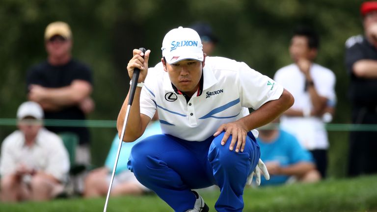 AKRON, OH - AUGUST 06:  Hideki Matsuyama of Japan lines up a putt on the eighth green during the final round of the World Golf Championships - Bridgestone 