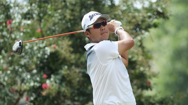 Hideki Matsuyama of Japan plays his shot from the second tee  during the final round of the 2017 PGA Championship at Quail Hollow