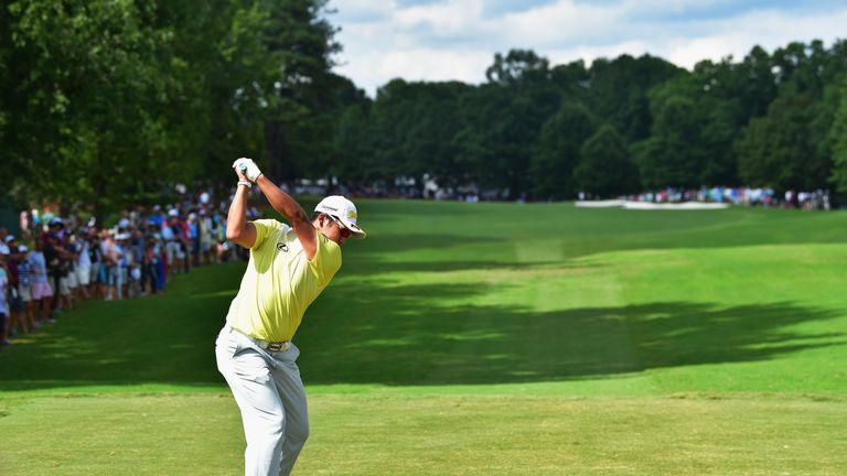 Hideki Matsuyama of Japan plays his shot from the ninth tee  during the third round of the 2017 PGA Championship at Quail Hollow