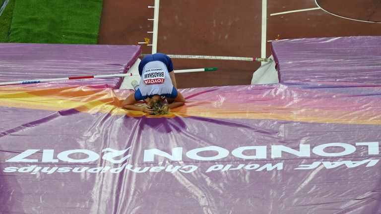 Britain's Holly Bradshaw reacts in the final of the women's pole vault athletics event at the 2017 IAAF World Championships at the London Stadium in London