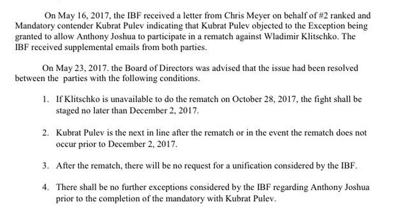 The IBF's public document following Anthony Joshua's win over Wladimir Klitschko