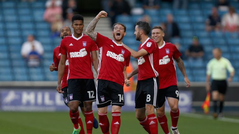 LONDON, ENGLAND - AUGUST 15: Joe Garner of Ipswich celebrates scoring his sides first goal with his Ipswich team mates during the Sky Bet Championship matc