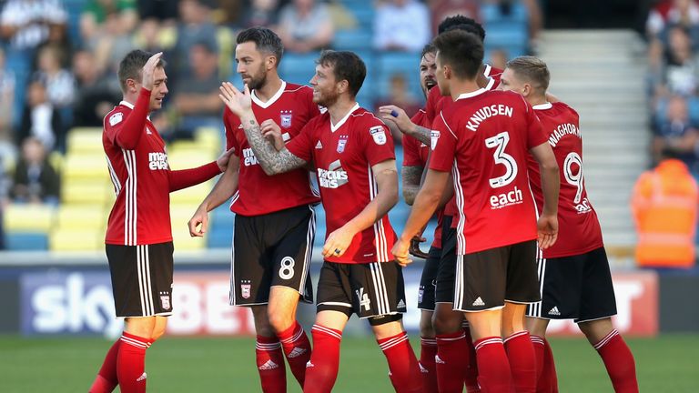 LONDON, ENGLAND - AUGUST 15:  Joe Garner of Ipswich celebrates scoring his sides first goal with his Ipswich team mates during the Sky Bet Championship mat