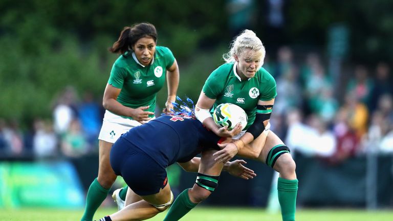 DUBLIN, IRELAND - AUGUST 17: Claire Molloy of Ireland is tackled by Lenaig Corson of France during the Women's Rugby World Cup Pool C match between France 