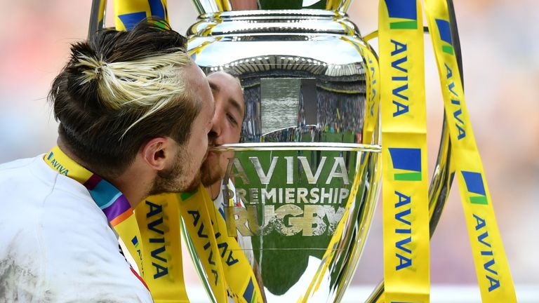 LONDON, ENGLAND - MAY 27:  Jack Nowell of Exeter Chiefs kisses the Aviva Premiership trophy after the Aviva Premiership Final between Wasps and Exeter Chie