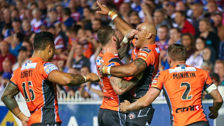  Castleford Jake Webster (second right) celebrates his try with Ben Roberts, Zak Hardaker and Greg Minikin.