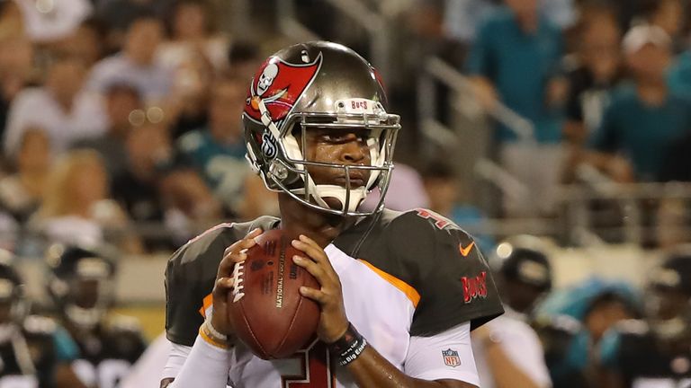 JACKSONVILLE, FL - AUGUST 17:  Jameis Winston #3 of the Tampa Bay Buccaneers attempts a pass during a preseason game against the Jacksonville Jaguars at Ev