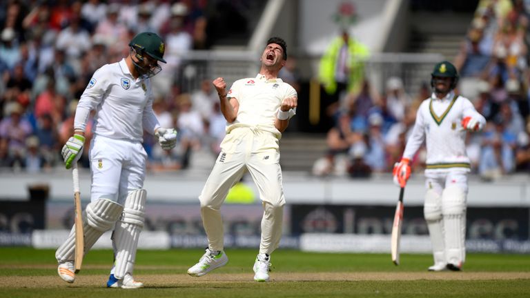 MANCHESTER, ENGLAND - AUGUST 05:  England bowler James Anderson celebrates after dismssing South Africa batsman Dean Elgar in his first over bowling from t