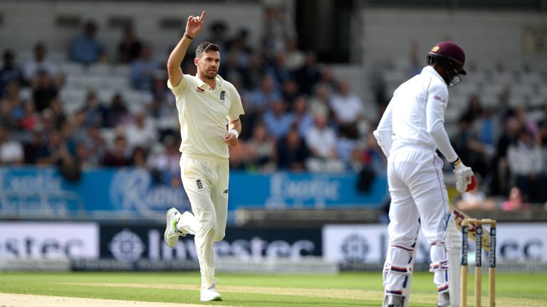 England bowler James Anderson celebrates dismissing Kyle Hope during day two of the 2nd Investec Test match between England an