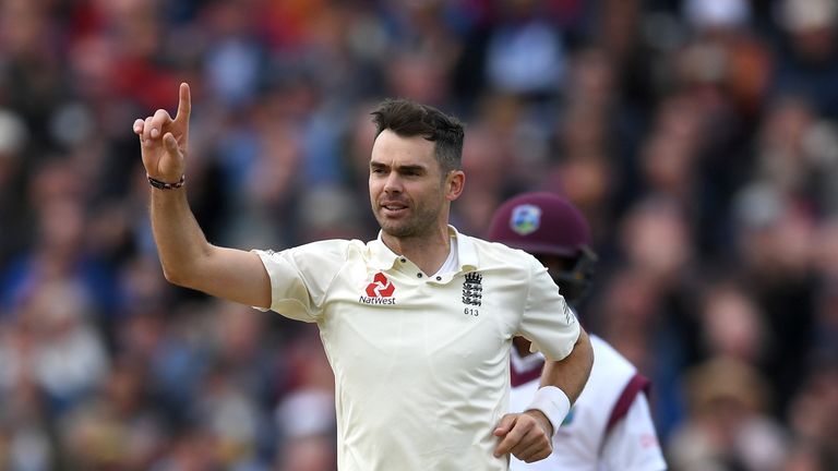 BIRMINGHAM, ENGLAND - AUGUST 19:  James Anderson of England celebrates dismissing Kieran Powell of the West Indies during day three of the 1st Investec Tes