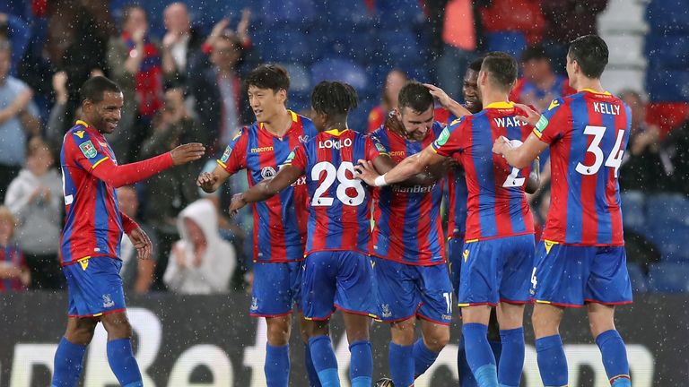 Crystal Palace's James McArthur (centre right) celebrates scoring his side's first goal of the game during the Carabao Cup, Second Round match at Selhurst 