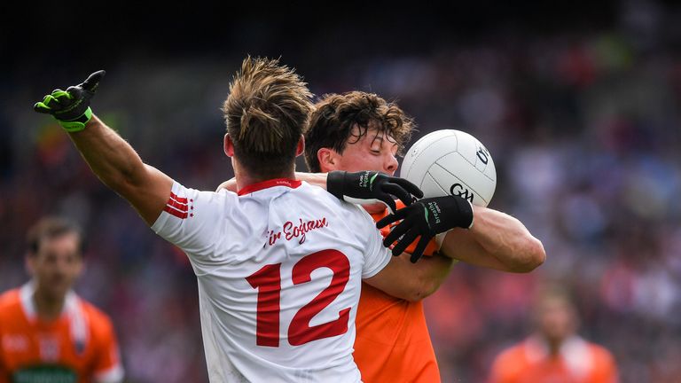 Armagh's James Morgan against Kieran McGeary of Tyrone 