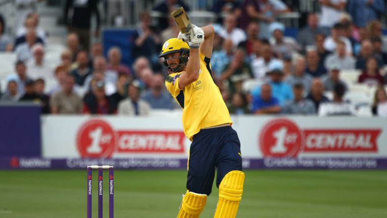 HOVE, ENGLAND - JULY 12: James Vince of Hampshire hits out during the NatWest T20 Blast match between Sussex Sharks and Hampshire at The 1st Central County