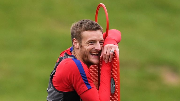 Jamie Vardy in good spirits during an England training session ahead of their World Cup Qualifiers