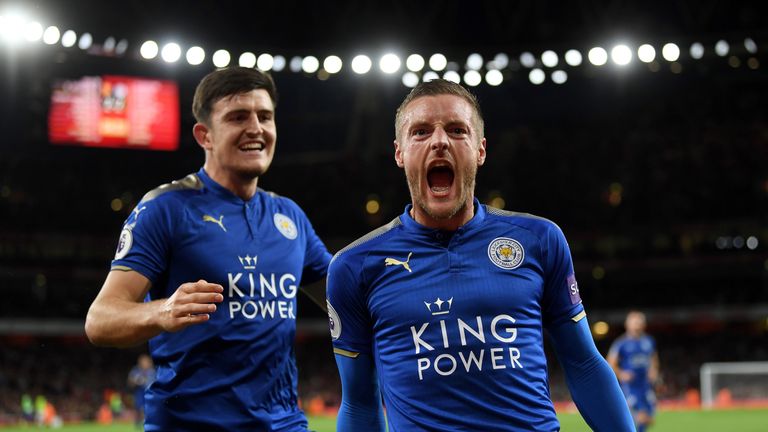 LONDON, ENGLAND - AUGUST 11:  Jamie Vardy (R) of Leicester City is congratulated by teammate Harry Maguire (L) after scoring his team's third goal during t