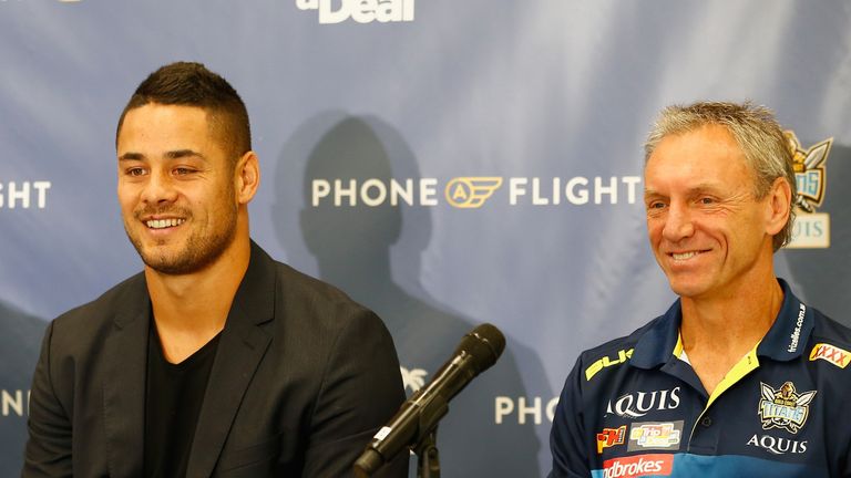 GOLD COAST, AUSTRALIA - AUGUST 03:  Jarryd Hayne with Titans coach Neil Henry during a press conference at Gold Coast Airport on August 3, 2016 in Gold Coa