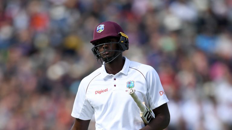 BIRMINGHAM, ENGLAND - AUGUST 19:  West Indies captain Jason Holder leaves the field after being dismissed by Moeen Ali of England during day three of the 1