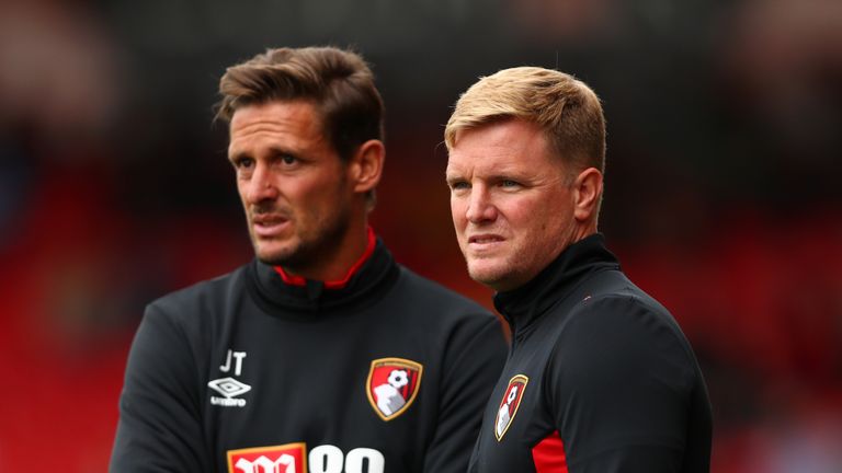 BOURNEMOUTH, ENGLAND - JULY 30:  Eddie Howe, manager of AFC Bournemouth looks on from the touchline next to his assistant Jason Tindall during the pre-seas